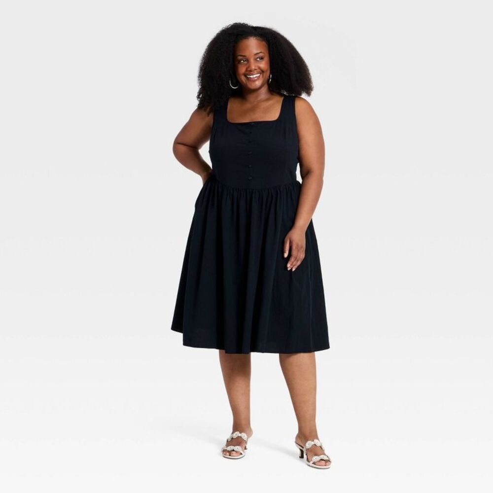 Ava & Viv - Women's Plus Sleeveless Button-Front Midi A-Line D Black - Picture 1 of 3